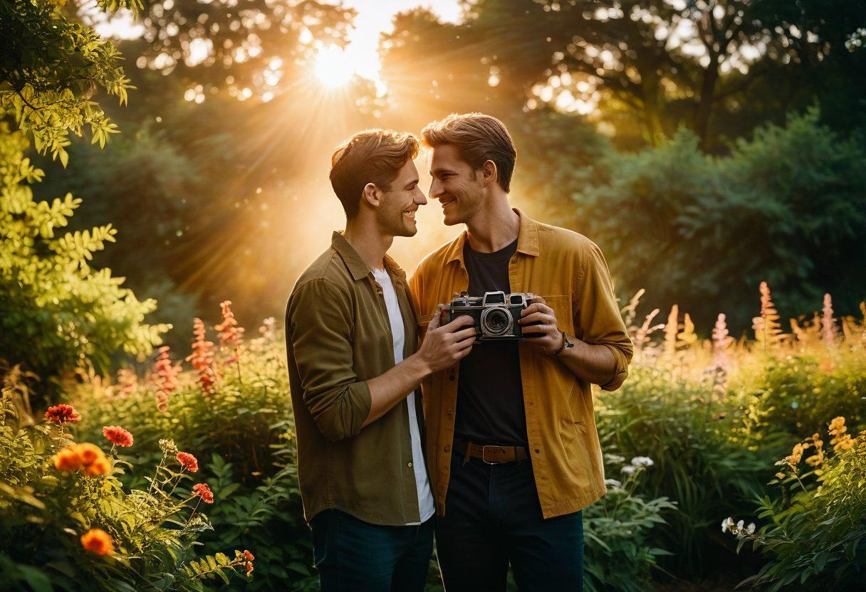 A stunning cinematic frame capturing a heartfelt moment between two men outdoors, surrounded by nature’s beauty, showcasing their joy and love in a vibrant sunset. Include a vintage video camera subtly in the foreground, symbolizing storytelling through the lens. Add warm, inviting colors to evoke emotion, and lens flares to enhance the cinematic feel. super-realistic. vibrant colors. cinematic style.