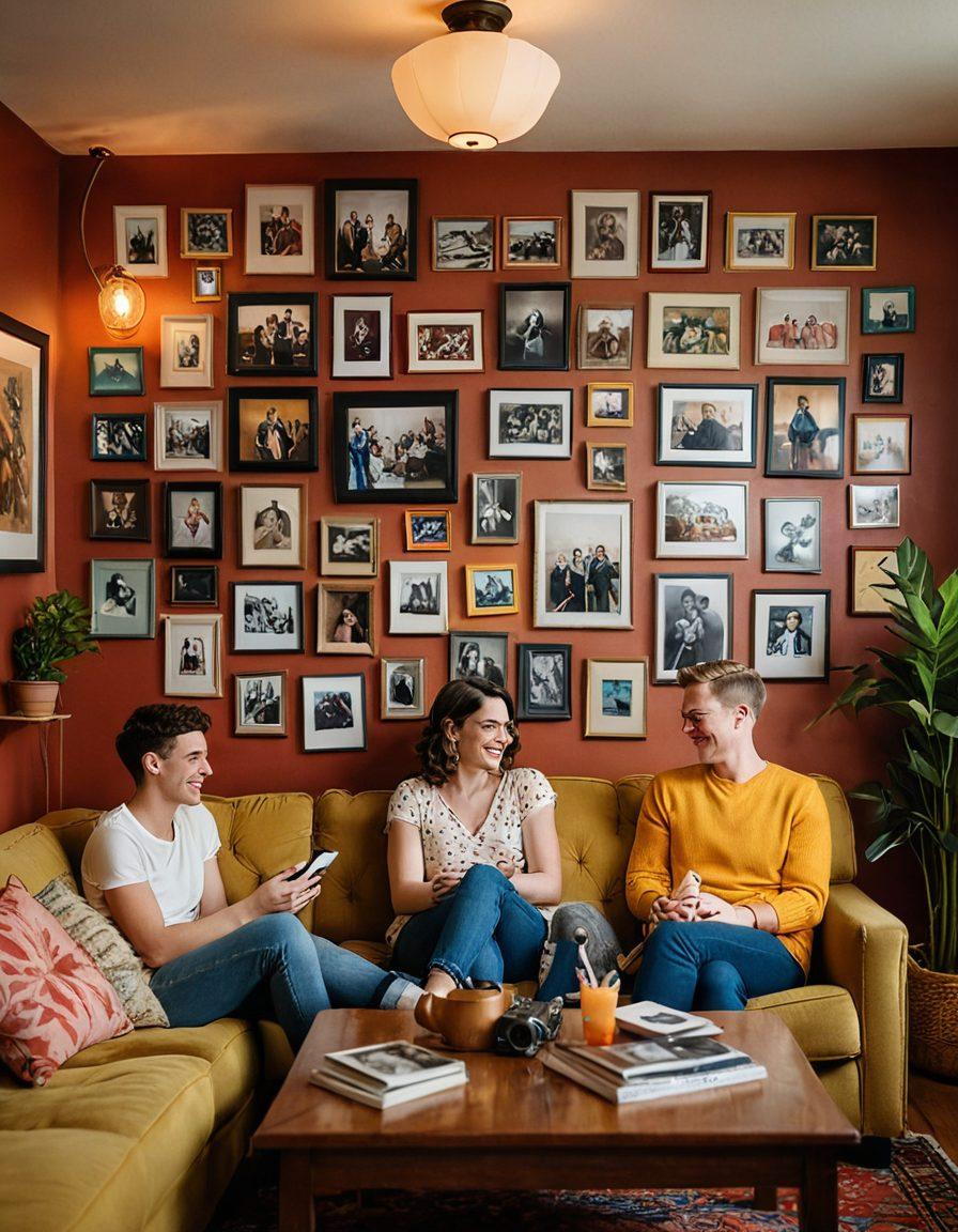 A cozy living room filled with colorful decor, showcasing a diverse group of LGBTQ+ individuals laughing and watching home videos together. The atmosphere is warm and inviting, with soft lighting illuminating their joyful expressions. Decorate the walls with framed photos that hint at love and acceptance, and include a vintage film projector casting light on a wall filled with nostalgic clips. Playful, romantic vibes intertwined with moments of genuine connection. vibrant colors. super-realistic.