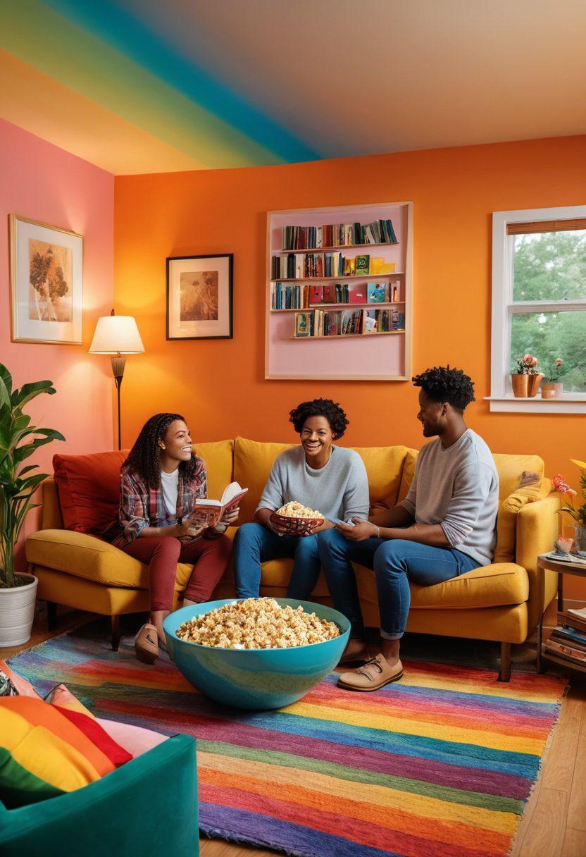 A vibrant collage showcasing a cozy living room filled with diverse LGBTQ+ couples enjoying various home entertainment activities, such as movie nights, game playing, and reading together. Bright rainbow colors subtly weave through the scene, representing inclusivity and love. Add elements like popcorn, a stack of films, and books with LGBTQ+ themes. The atmosphere should radiate warmth and joy. super-realistic. vibrant colors. cozy ambiance.